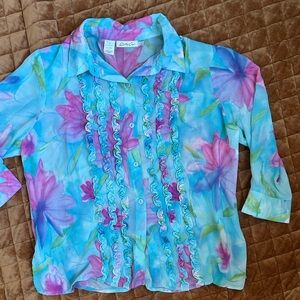 Kathy Che bright blue pink ruffle 3/4 sleeve blouse size 16